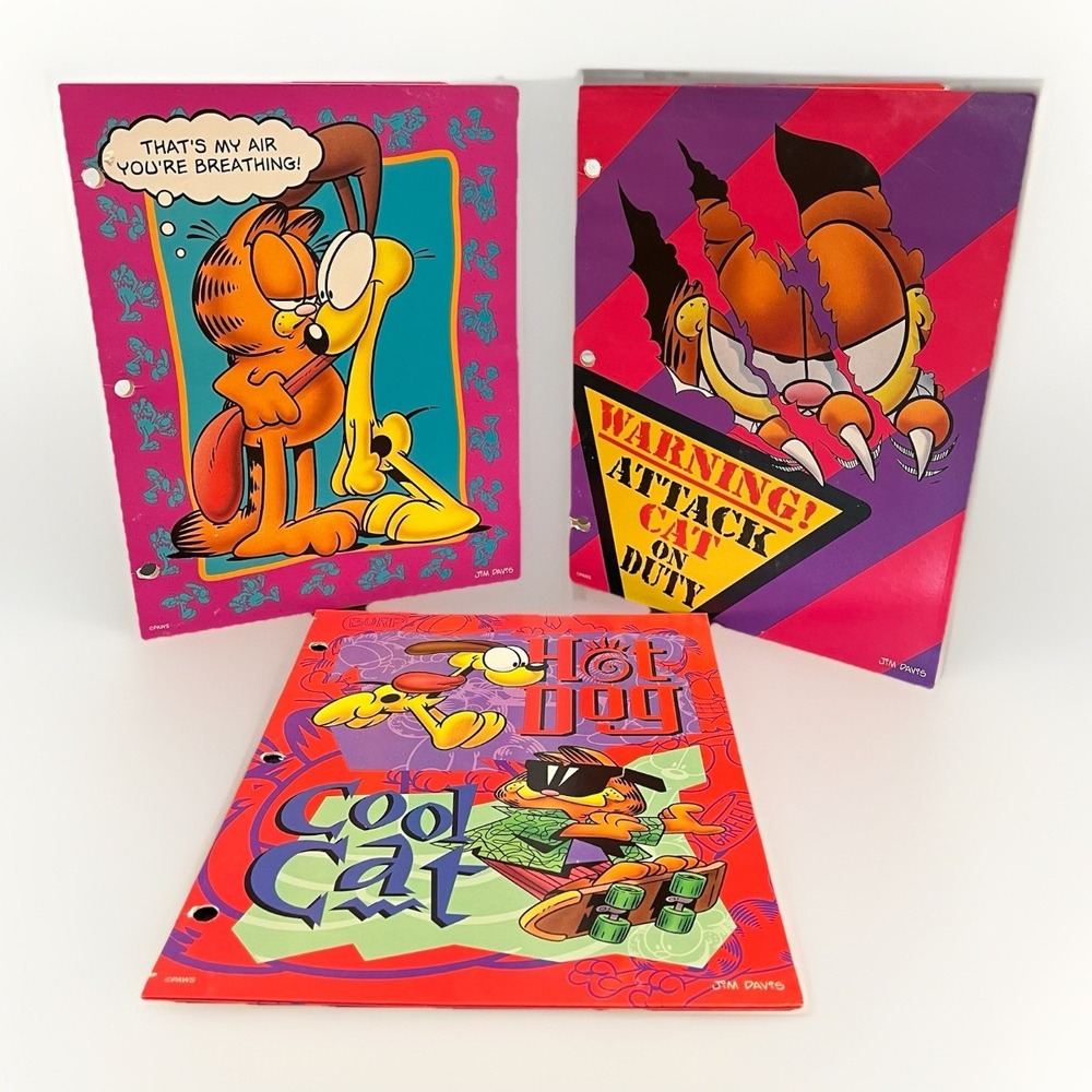 Garfield Odie PAWS 3 Ring Binder Pocket Folders Jim Davis School Lot 3 Vintage